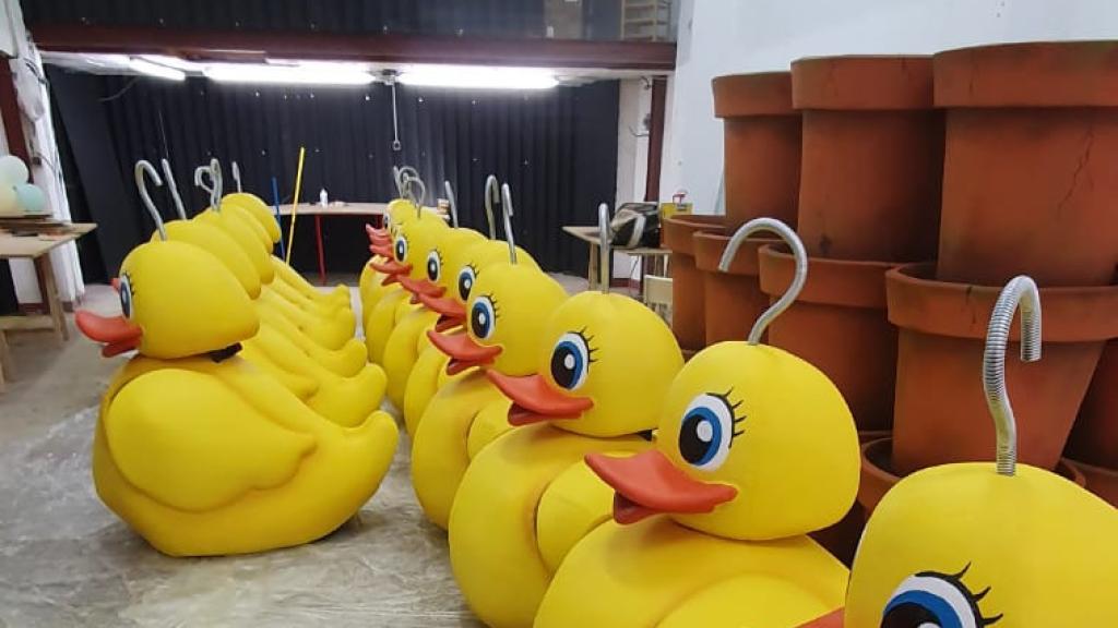 Los patos, en fila, junto a los maceteros de Los incautados.