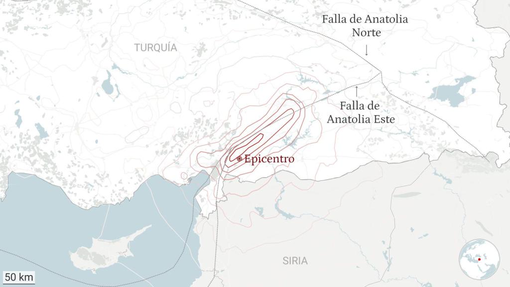 La falla de Anatolia Este en Turquía y la localización del terremoto.