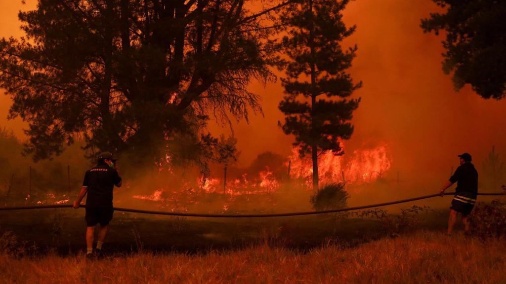 Residentes locales trabajan para extinguir un incendio forestal en Santa Juana, cerca de Concepción, Chile.