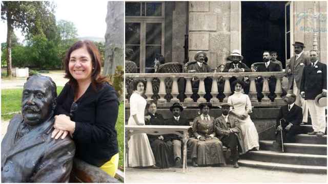 Amalia Gallego junto a la escultura de Enrique Peinador Lines y una imagen antigua de veraneantes en el Balneario de Mondariz.