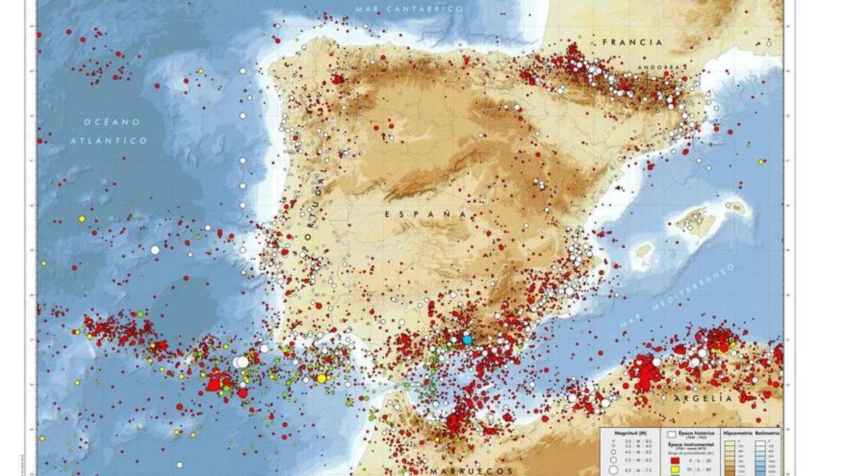 Mapa general de la sismicidad de la Península Ibérica.