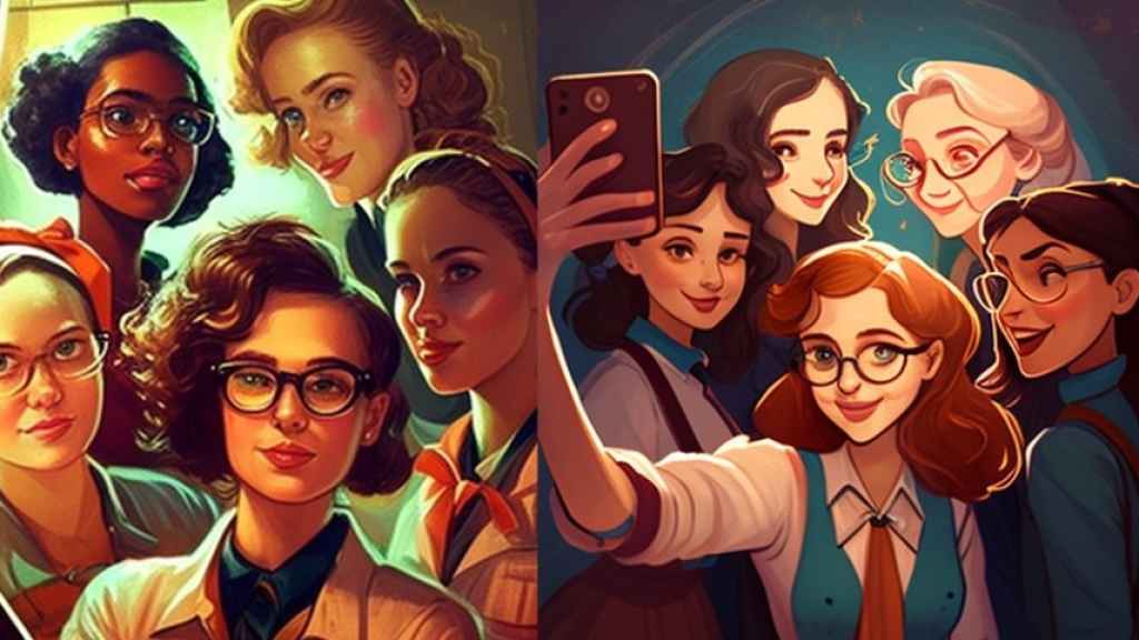 ‘Selfie’ de mujeres y niñas científicas, ideado por la inteligencia artificial MidJourney para la asociación DigitalES.