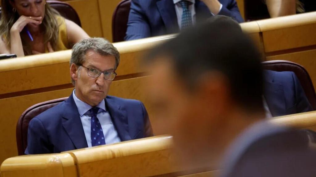 Alberto Núñez Feijóo, presidente del PP, observa a Pedro Sánchez, presidente del Gobierno, durante un debate en el Senado.