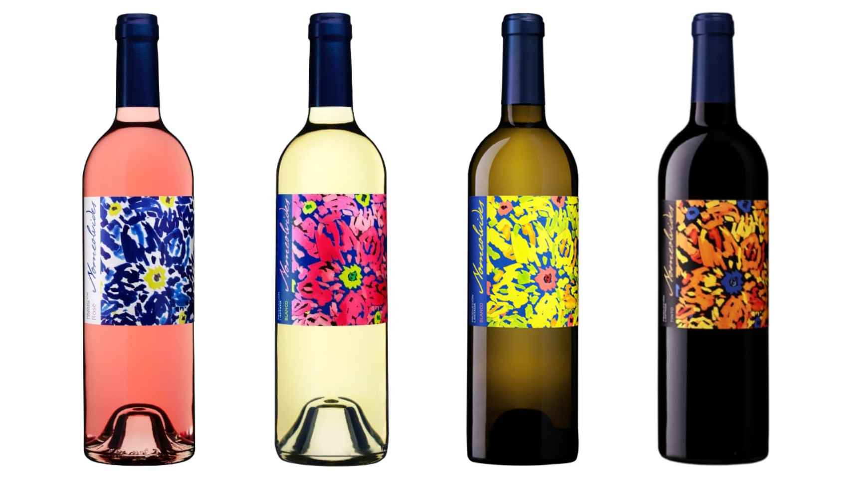 Vinos Nomeolvides, de izda. a dcha.: rosado garnacha, blanco viura, blanco Chardonnay y tinto garnacha.