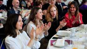 Ione Belarra, Irene Montero, Lilith Verstrynge y Alejandra Jacindo (de izquierda a derecha) este lunes en un desayuno informativo para presentar al candidato de Podemos al Ayuntamiento de Madrid.