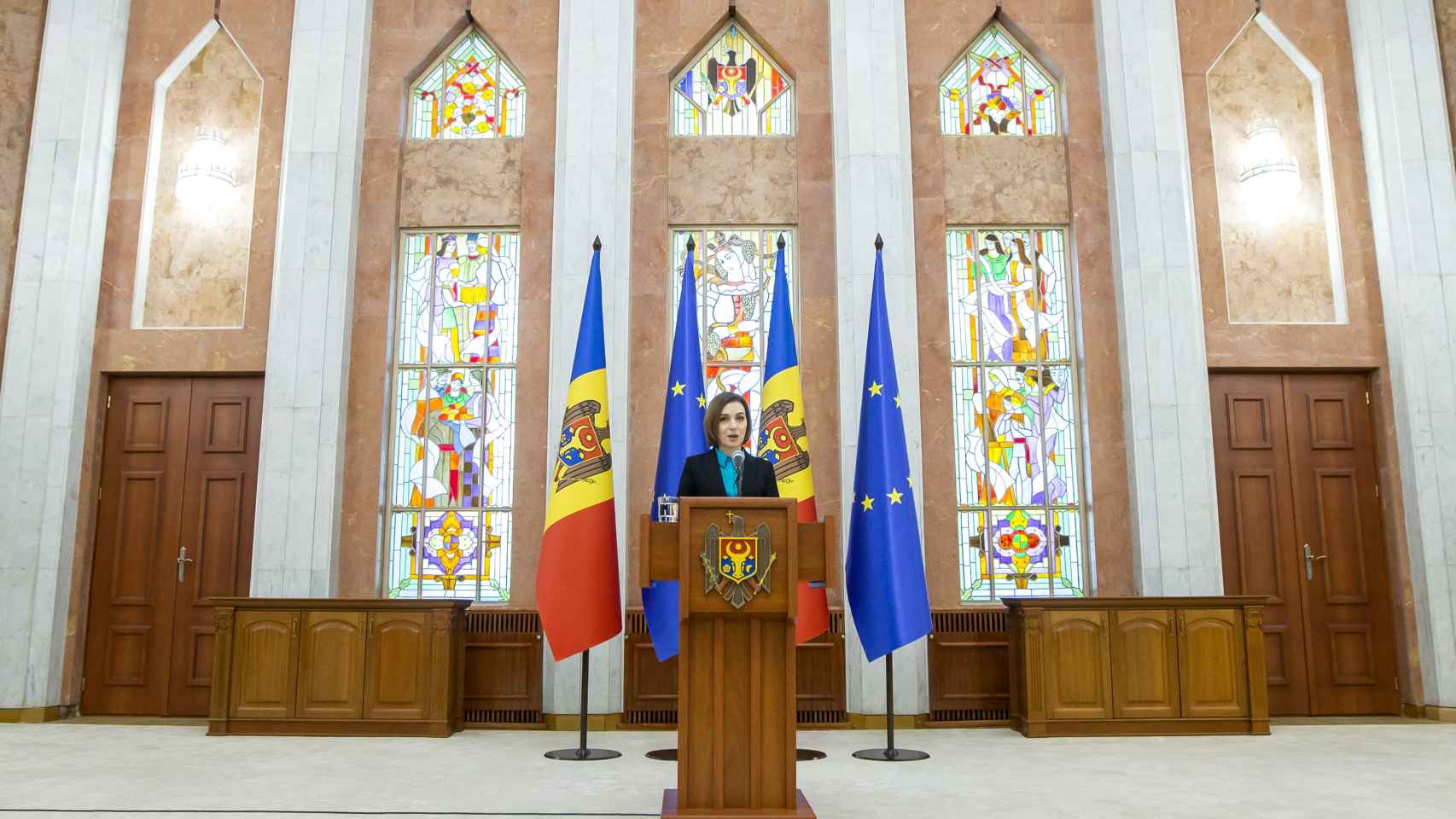 La presidenta de Moldavia, Maia Sandu, este lunes en una comparecencia.