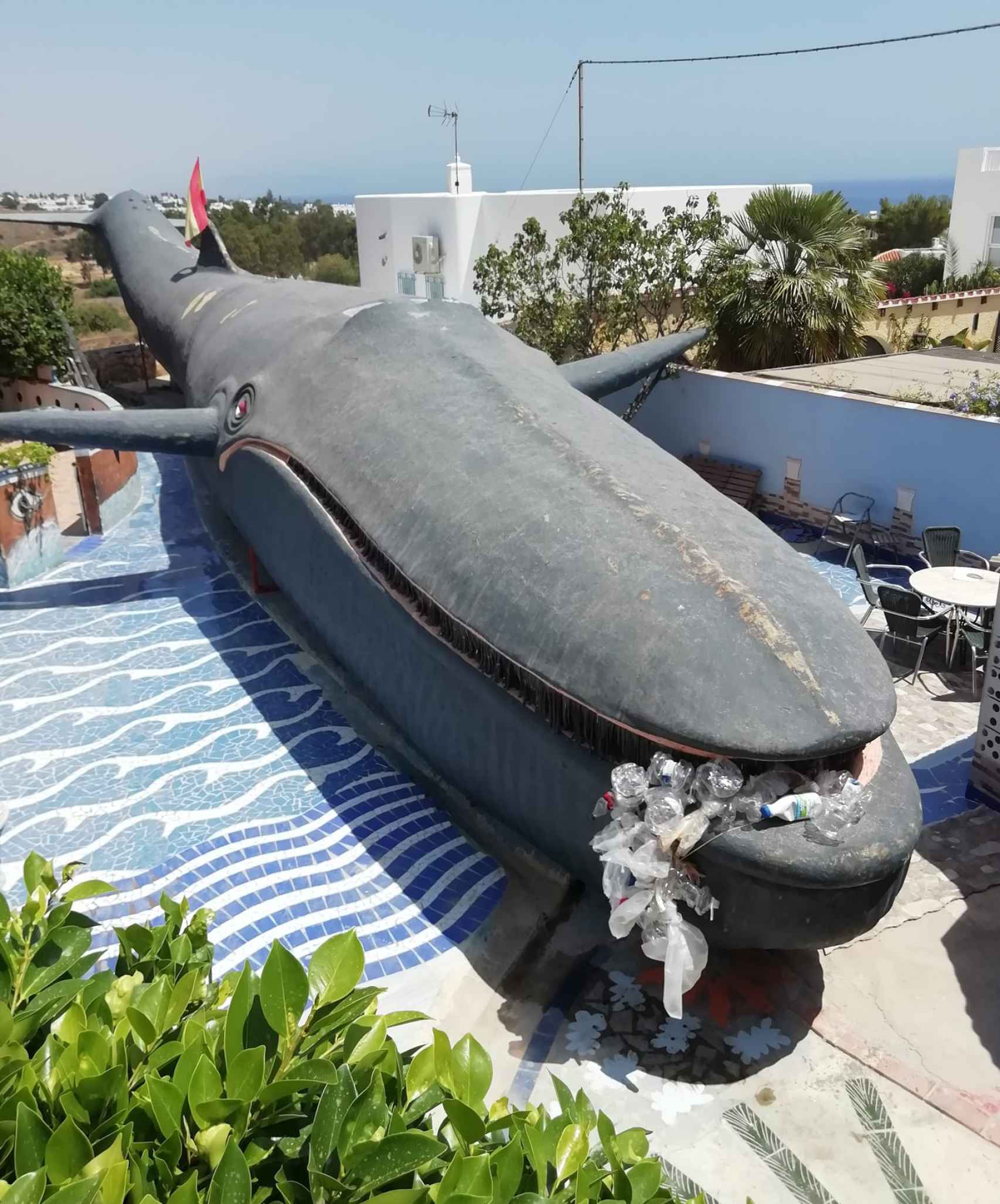 Vista aérea de la impresionante ballena construida con materiales reciclados de Nino Cortés