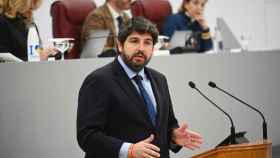 El presidente de la Región de Murcia, Fernando López Miras, este miércoles, durante su comparecencia en la Asamblea Regional.