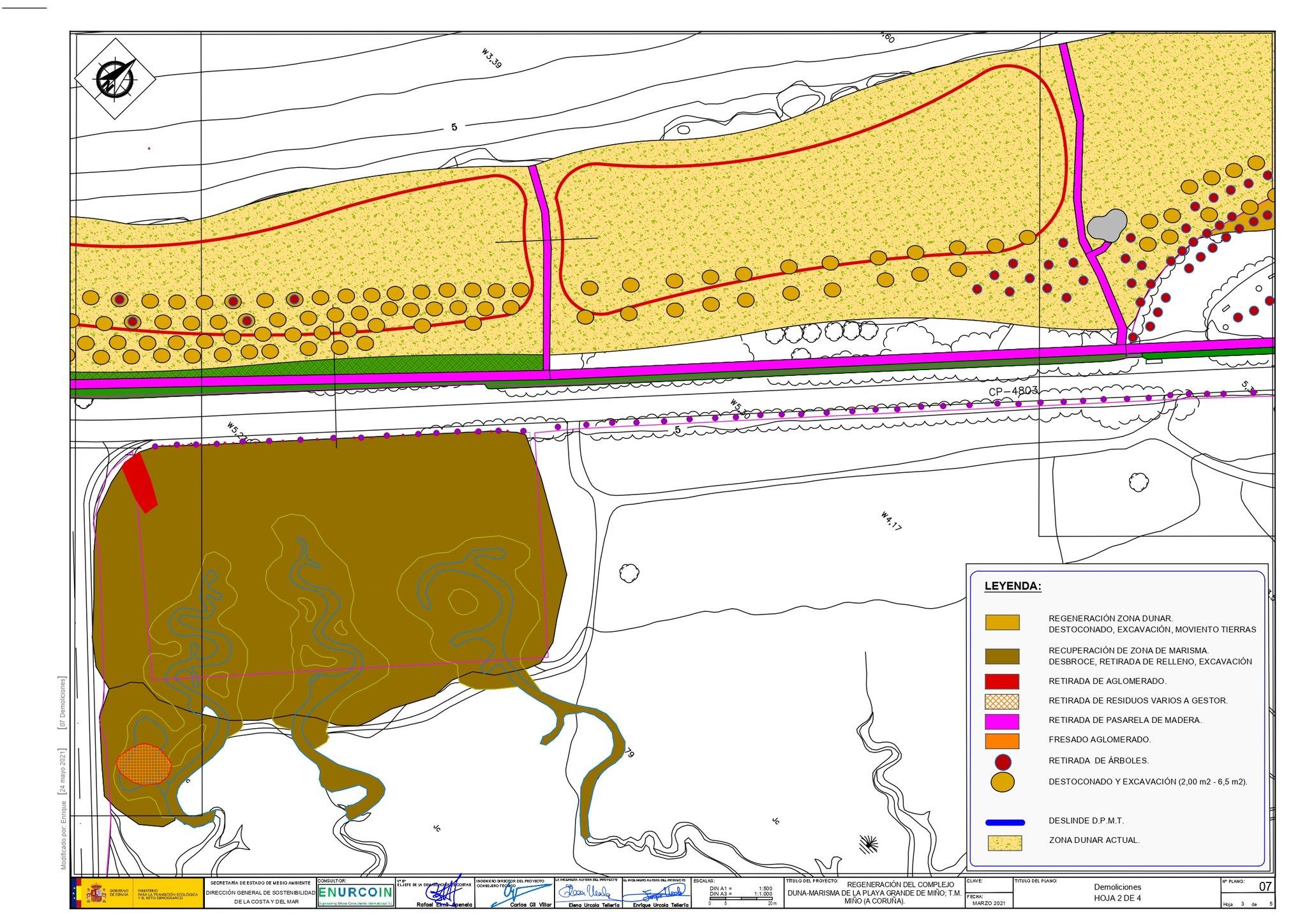 Tres imágenes del proyecto de regeneración dunar en la Praia Grande de Miño (Concello de Miño).