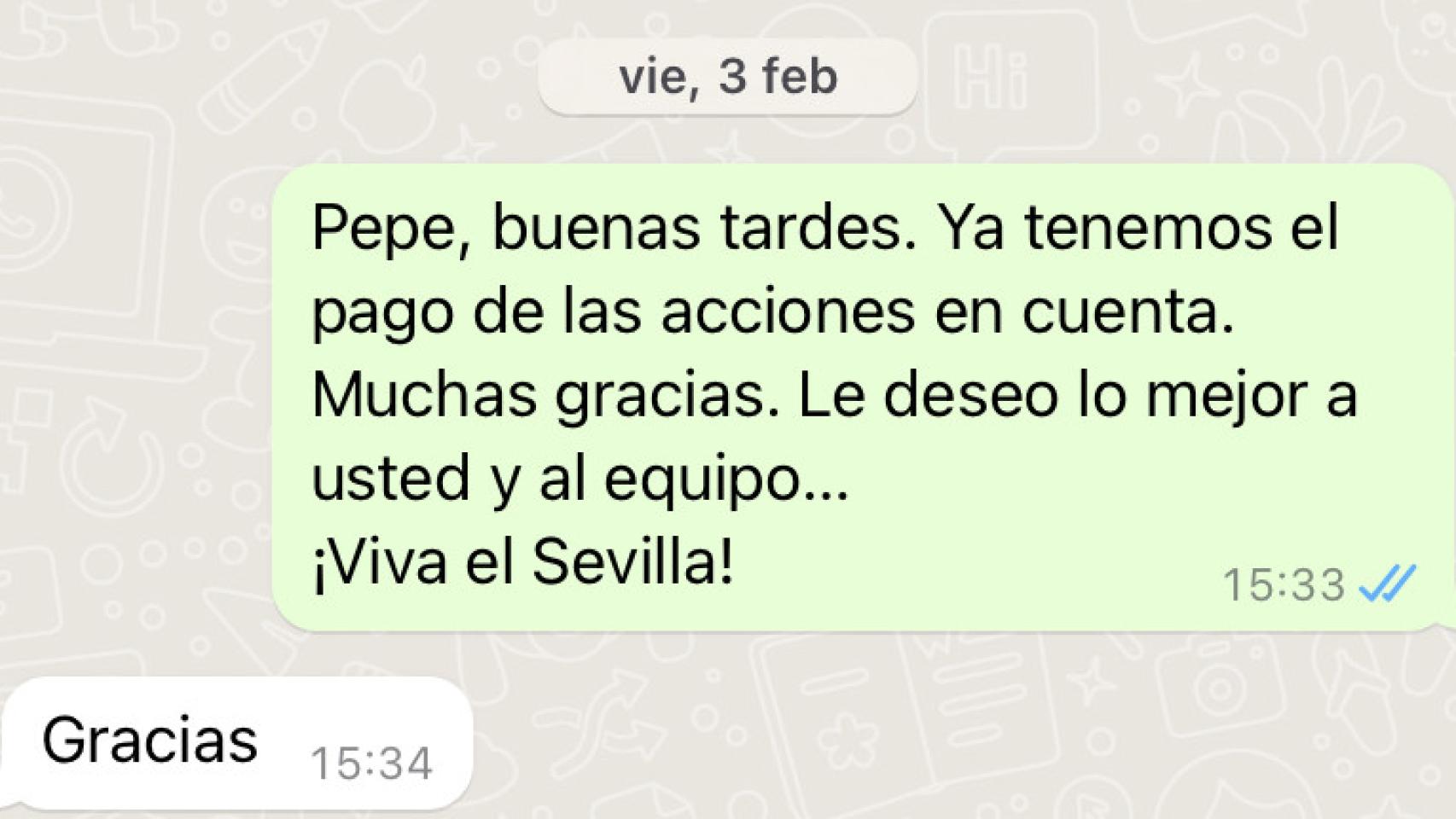 Imagen de un whastAap enviado a Pepe Castro, presidente del Sevilla Fútbol Club.