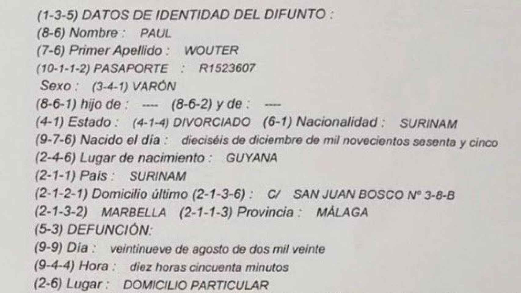 Acta de defunción falsificada en España de Sergio Roberto de Carvalho.