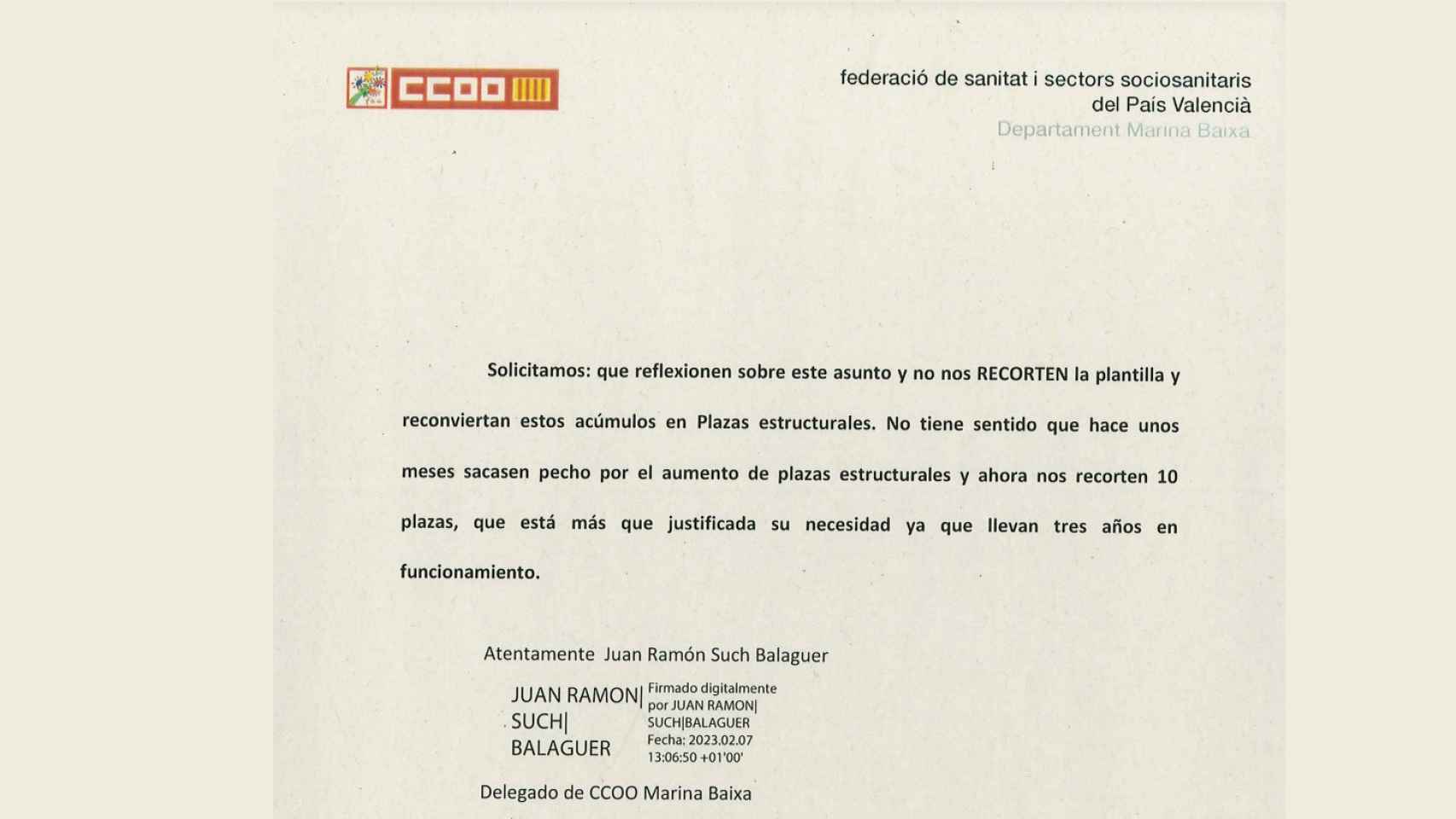 Carta al conseller de CCOO sobre los despidos en el Hospital de la Marina Baixa.
