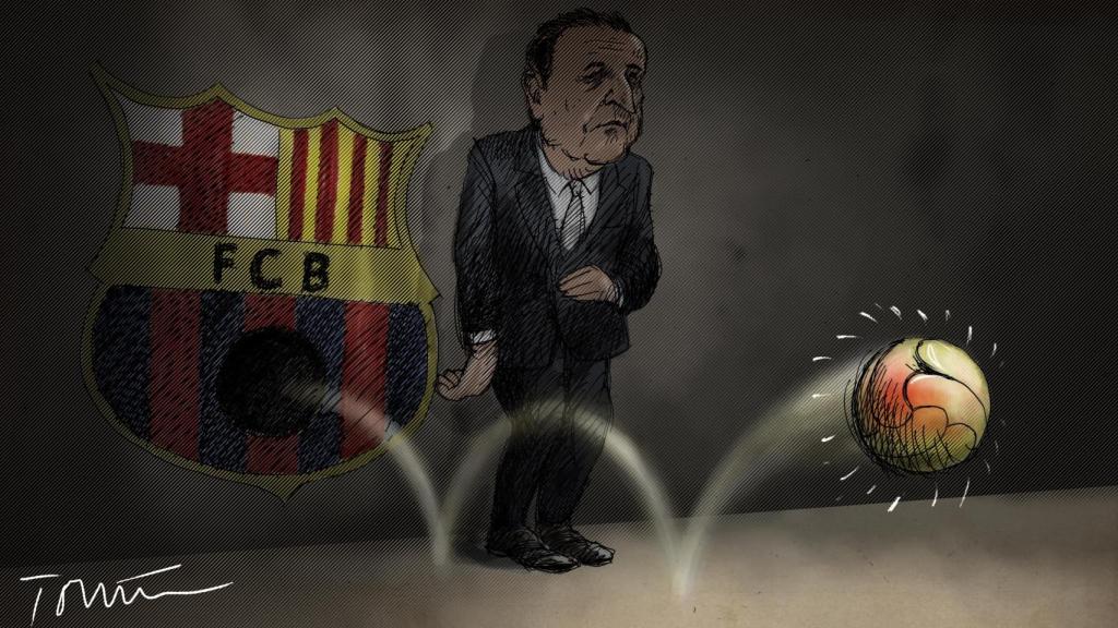 Viñeta de Rodríguez Negreira junto al escudo del Fútbol Club Barcelona.