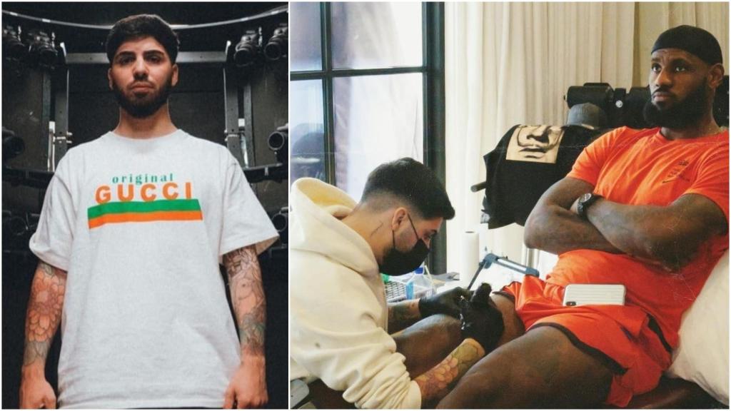 A la izquierda, una fotografía personal de Joaquín Ganga. A la derecha, tatuando a Lebron James en su estudio.