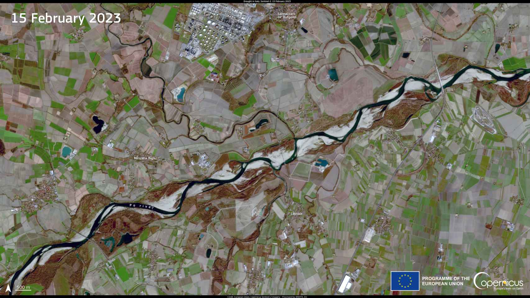 El río Po, afectado por una sequía severa.