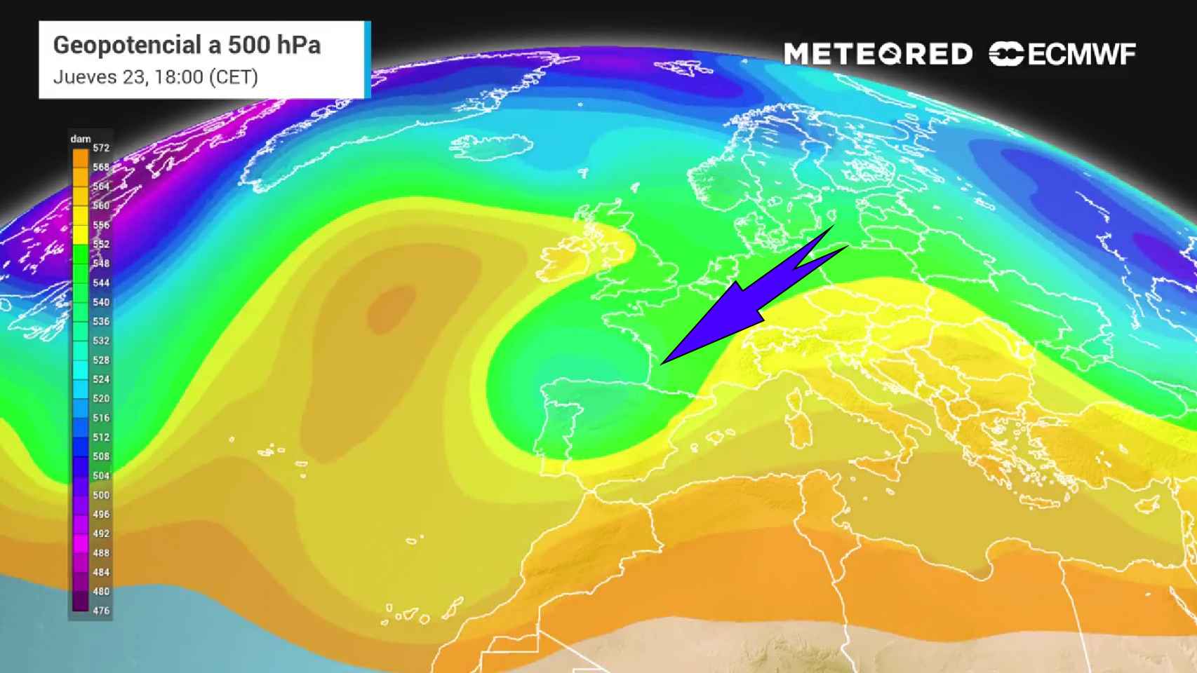 El desplome de bajas presiones y aire frío que afectará a España a mediados de semana. Meteored.