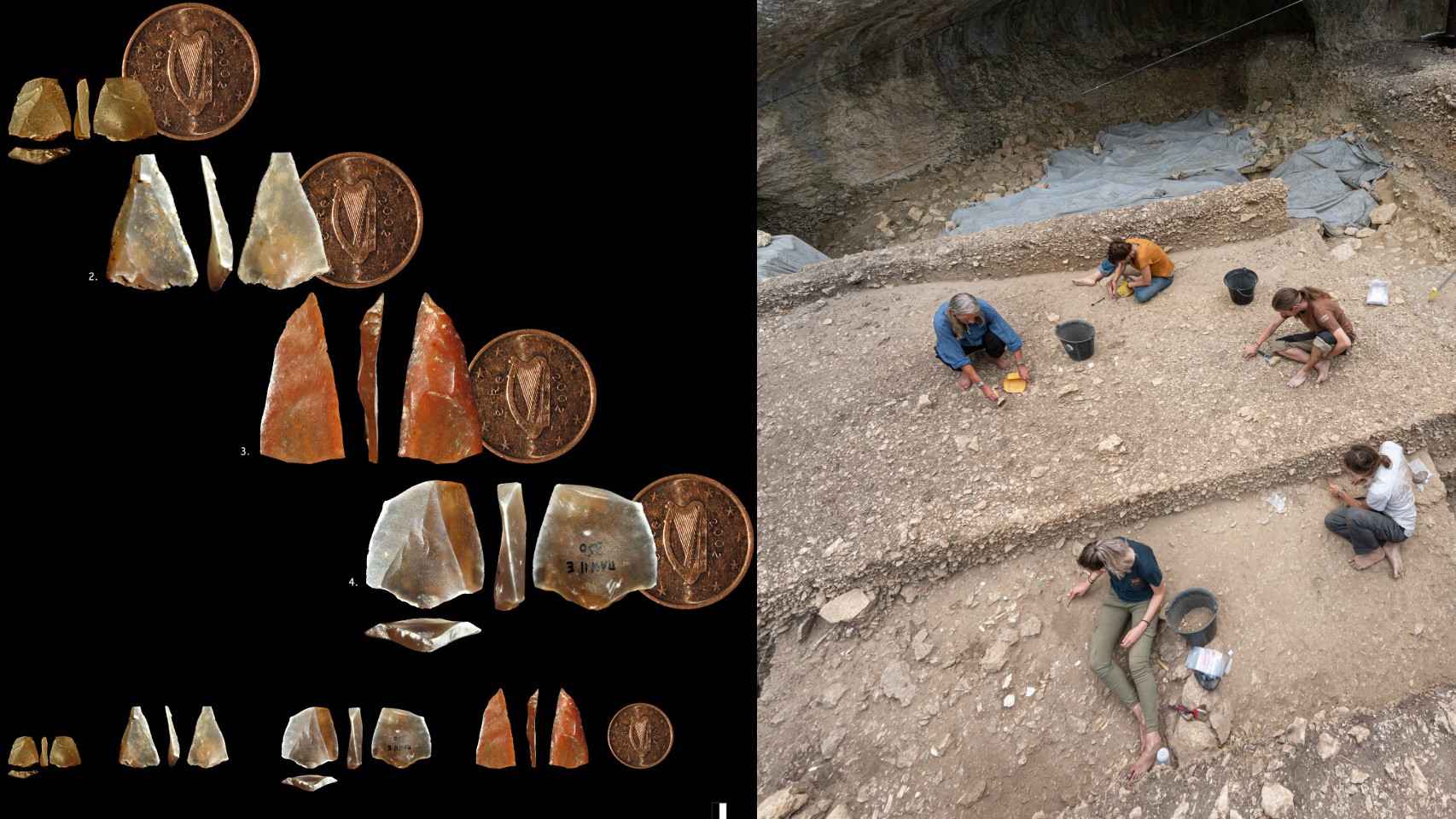 Varias de las puntas neronianas de diferentes tamaños halladas en la cueva de Mandrin y excavaciones en el sitio. Foto: Philippe Psaila, Laure Metz y Ludovic Slimak