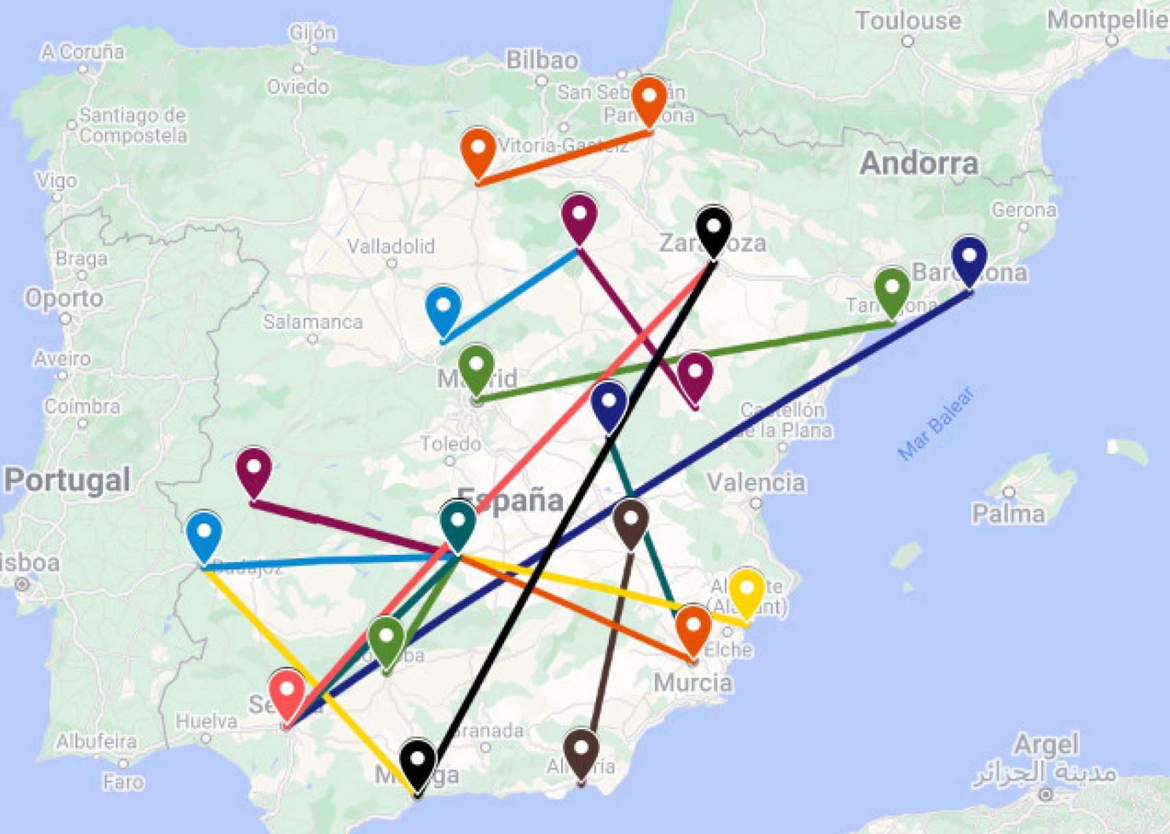 Mapa con las conexiones entre capitales de provincia españoles que carecen de ruta directa en autobús.