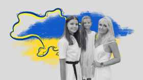Montaje con el mapa y la bandera de Ucrania e imágenes de Anna y sus hijas.