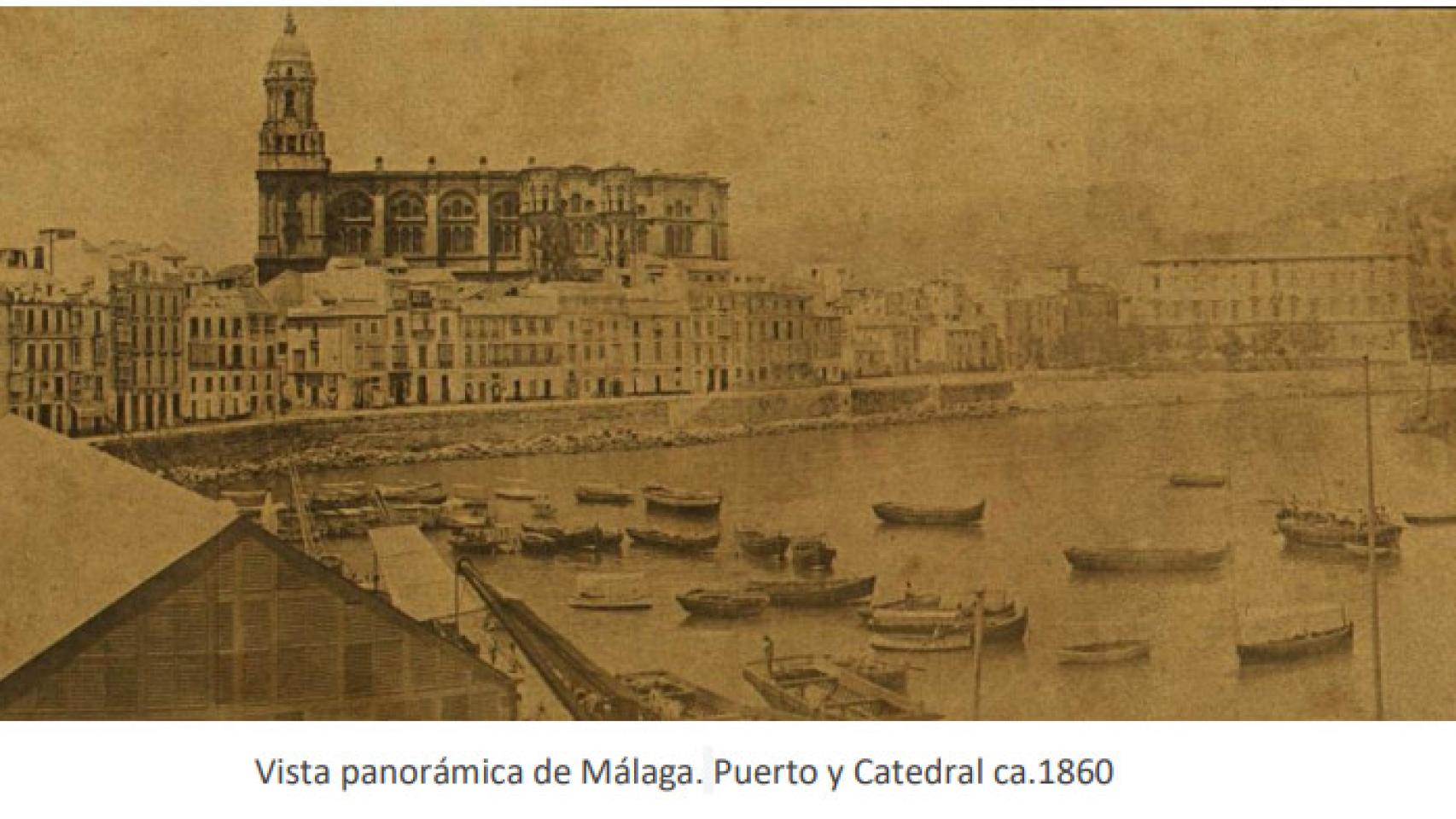 Vista panorámica del puerto de Málaga y la Catedral de 1860