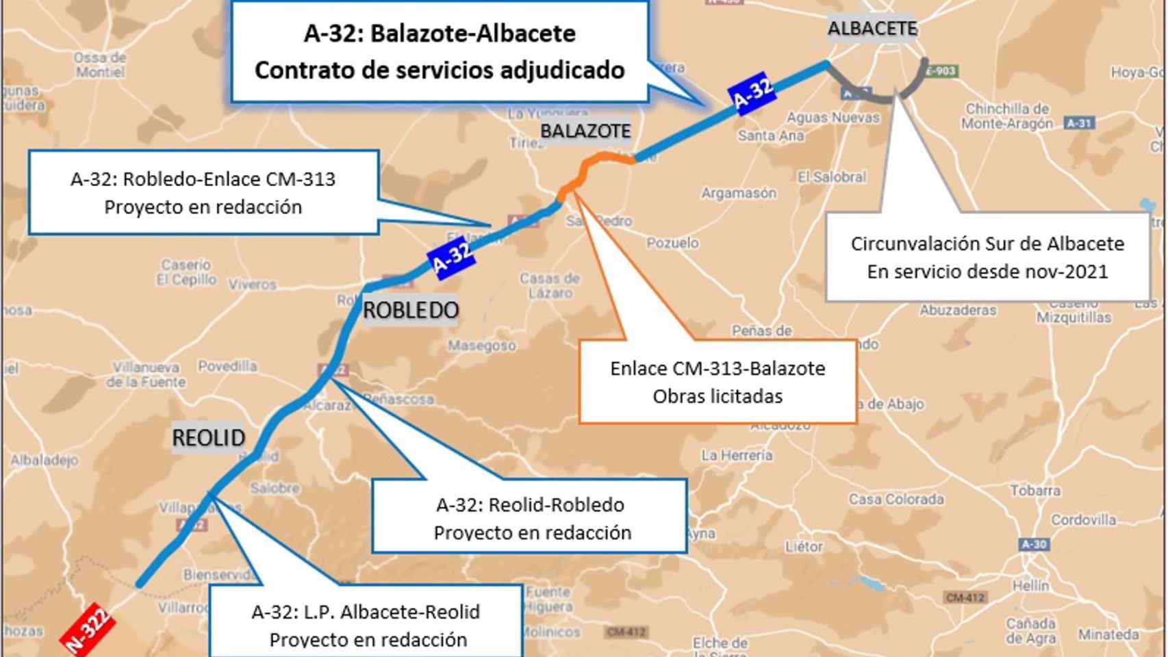 Proyecto del tramo de la A-32 entre Balazote y Albacete. Foto: Mitma.