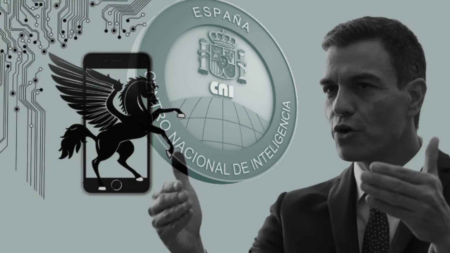 Ilustración con el símbolo del 'software' Pegasus, una imagen de Pedro Sánchez y el logo del CNI.