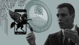 Ilustración con el símbolo del 'software' Pegasus, una imagen de Pedro Sánchez y el logo del CNI.