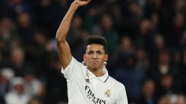 Álvaro Rodríguez, celebrando su primer gol con el Real Madrid.