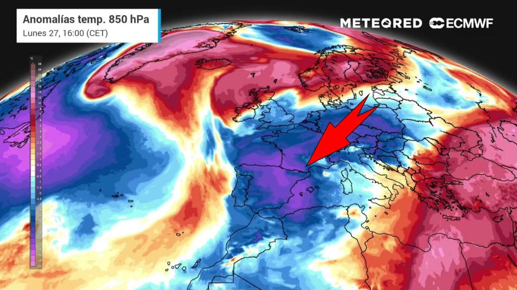 La situación de la borrasca Juliette y la masa de aire gélido que afecta a la Península. Meteored.