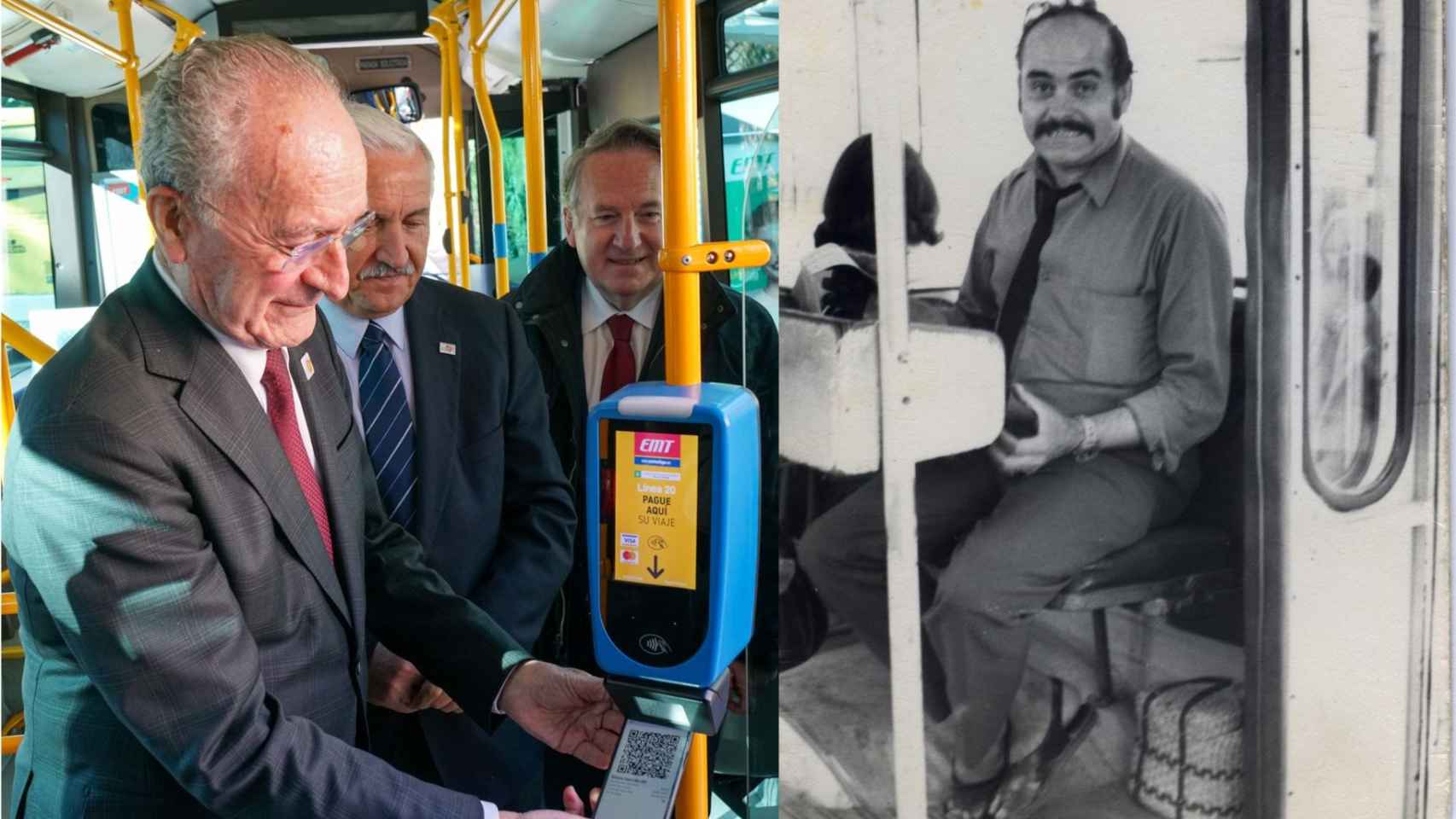 Montaje con el alcalde de Málaga pagando el bus con QR y de un antiguo cobrador de la EMT.