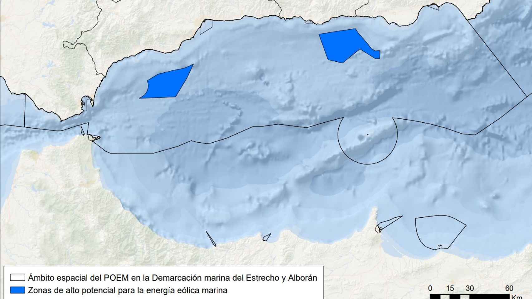 Delimitación de dos zonas potenciales para la creación de parques eólicos marinos.