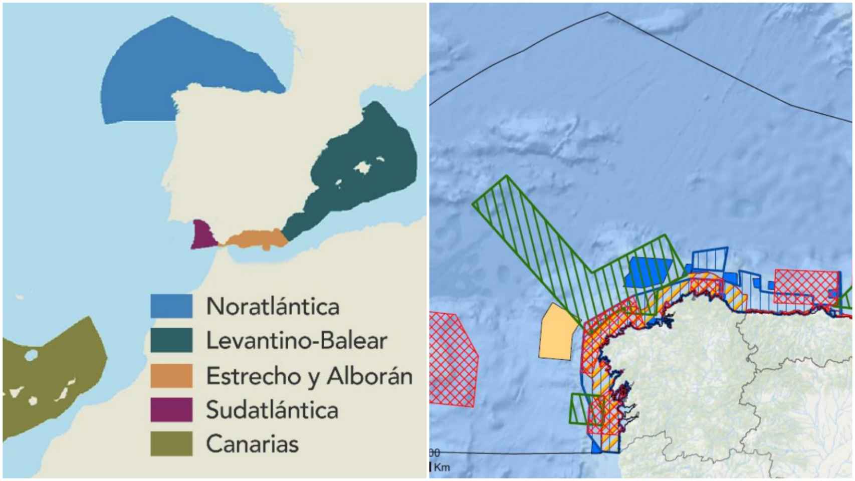 Demarcaciones del POEM (izda) y a la derecha, en azul, las 5 áreas gallegas para la instalción de eólica marina.