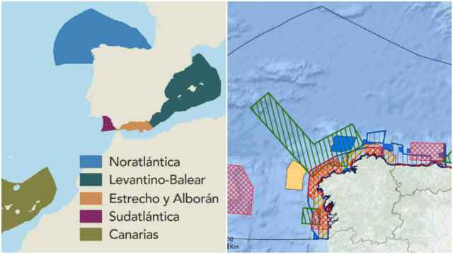 Demarcaciones del POEM (izda) y a la derecha, en azul, las 5 áreas gallegas para la instalción de eólica marina.