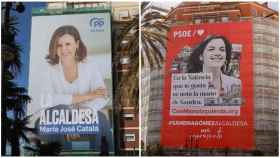 Las lonas que PP y PSOE han contratado en Valencia para promocionar a sus candidatas.