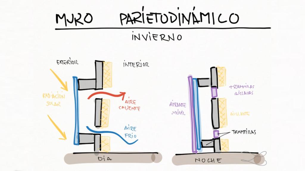 Esquema del funcionamiento de un muro parietodinámico en invierno.