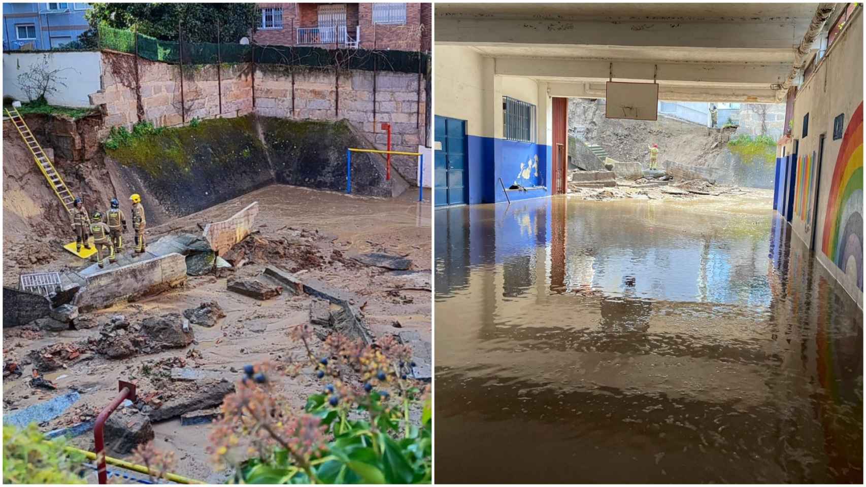 Inundación del patio del Colegio Cardenal Cisneros de Ourense.