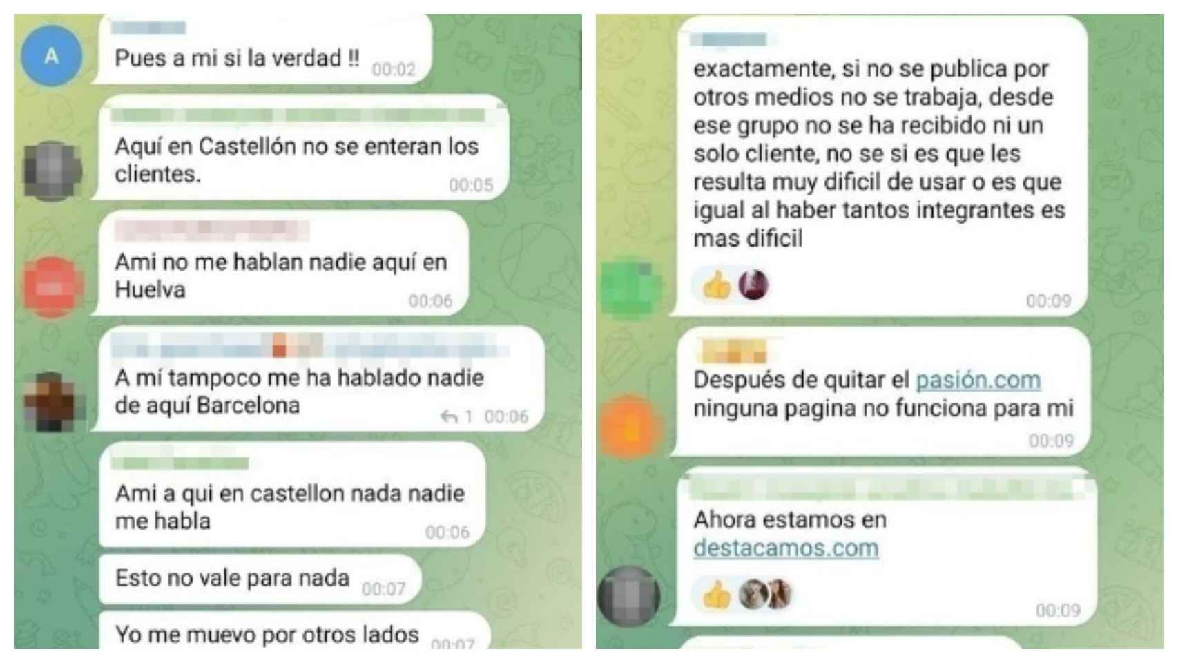 Mensajes de un grupo de Telegram donde las trabajadoras se quejan de la falta de trabajo tras la prohibición de anunciarse.