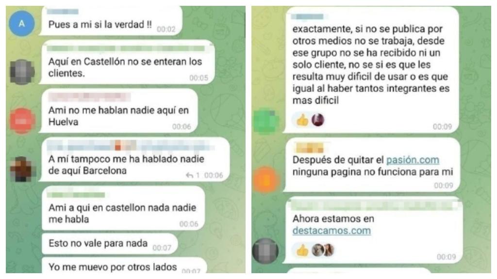 Mensajes de un grupo de Telegram donde las trabajadoras se quejan de la falta de trabajo tras la prohibición de anunciarse.