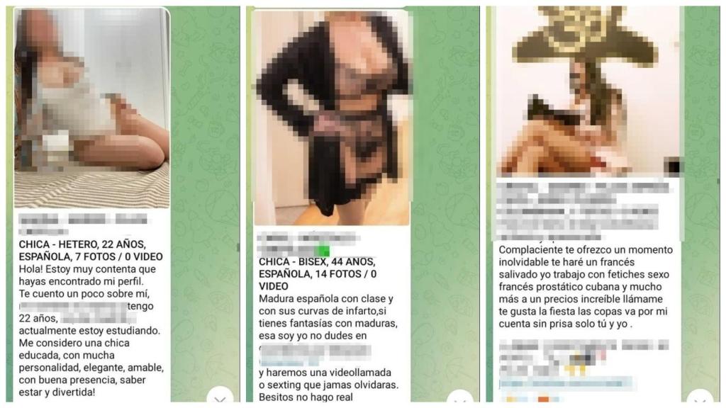 Tres chicas anunciando sus servicios sexuales por grupos de Telegram.