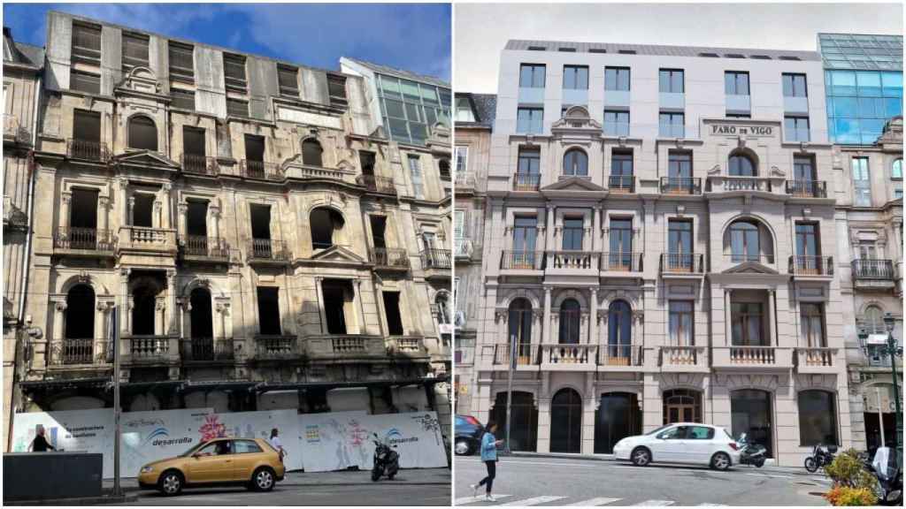 Imagen actual y la infografía de Domo del edificio Colón 30.