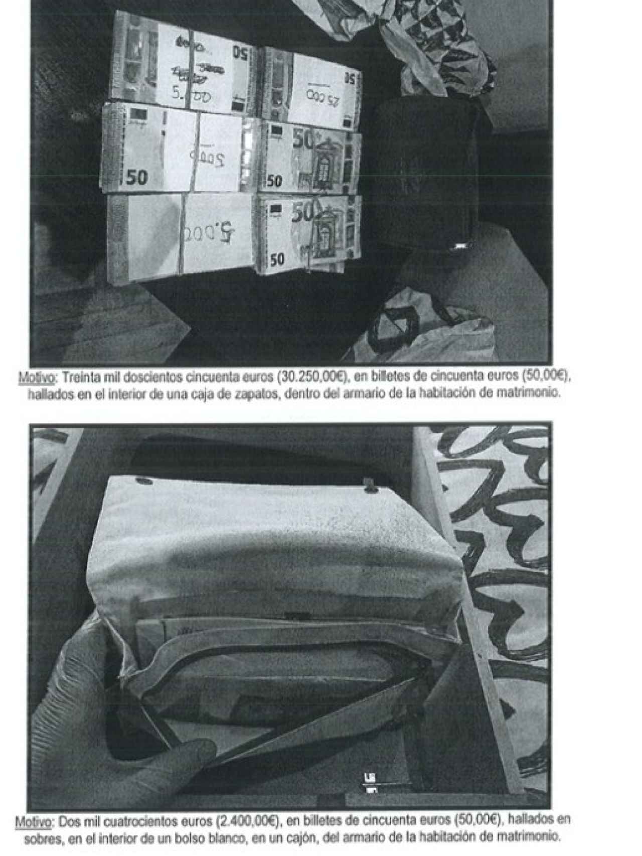 Fotos del sumario que muestran parte del dinero de efectivo encontrado en la vivienda del general en Madrid.