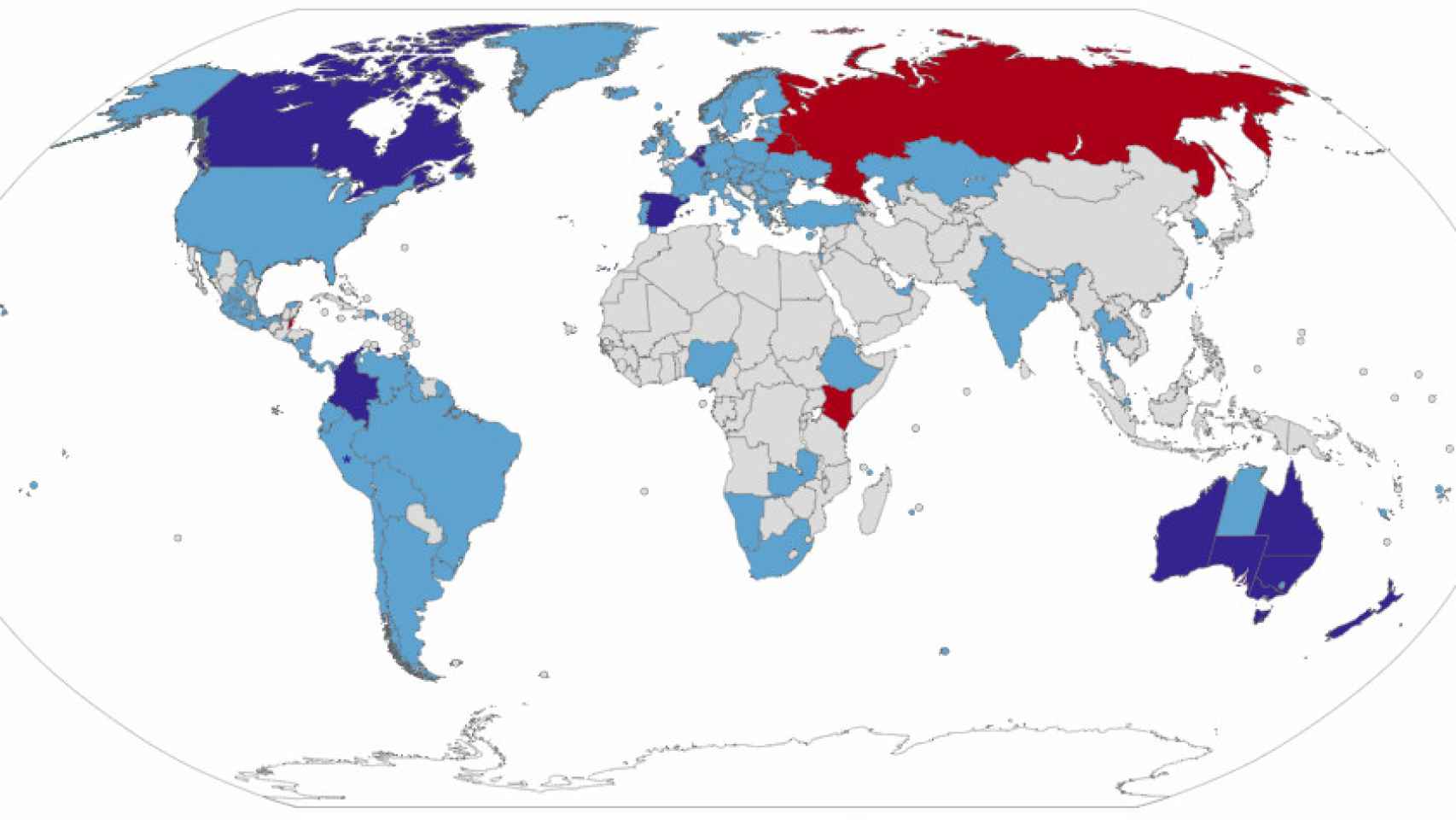 Mapa de la eutanasia en el mundo (en rojo, prohibida; en azul oscuro, aprobada de forma activa para personas con enfermedades incurables o padecimientos graves, crónicos e imposibilitantes).