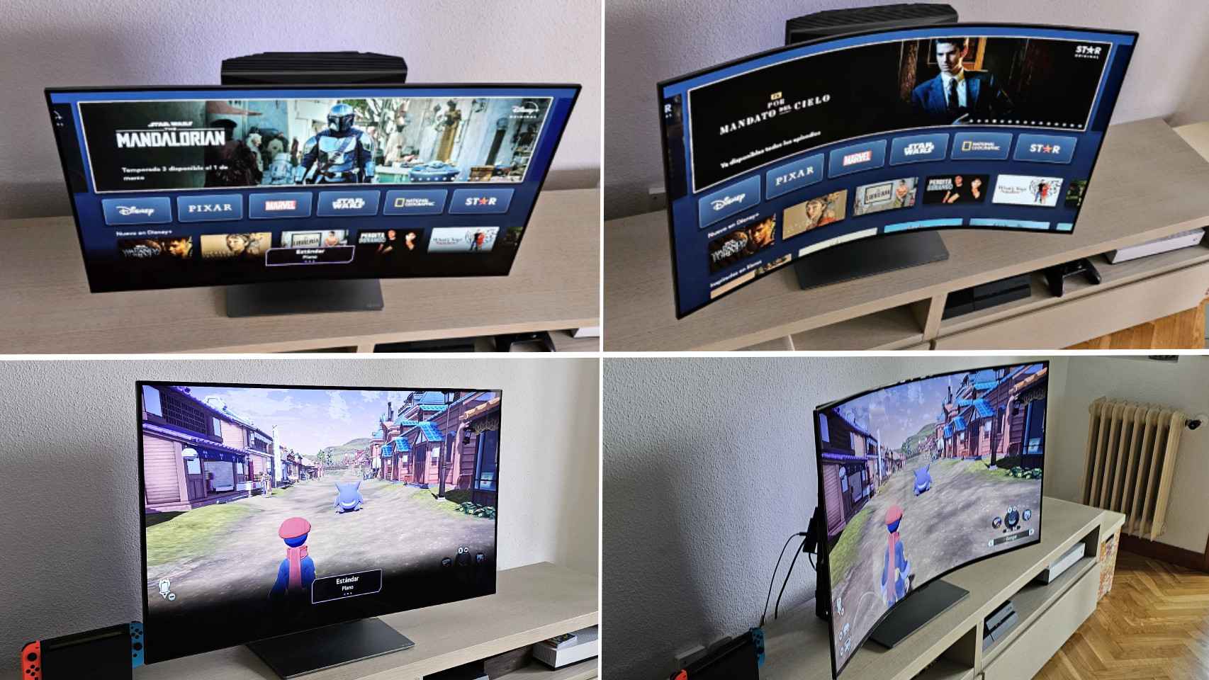 El televisor LG OLED Flex LX3 plano (imágenes izquierda) y curvo (derecha).