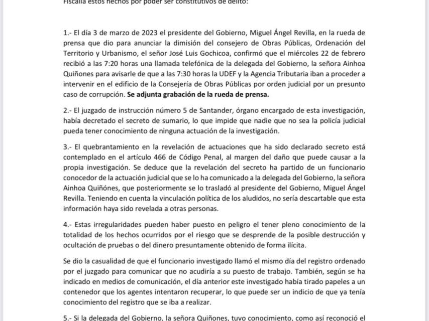 Fragmento de la denuncia que Ciudadanos ha interpuesto en la Fiscalía.