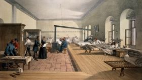 Sala del hospital de Scutari donde Florence Nightingale trabajó. Litobrafía de 1856.