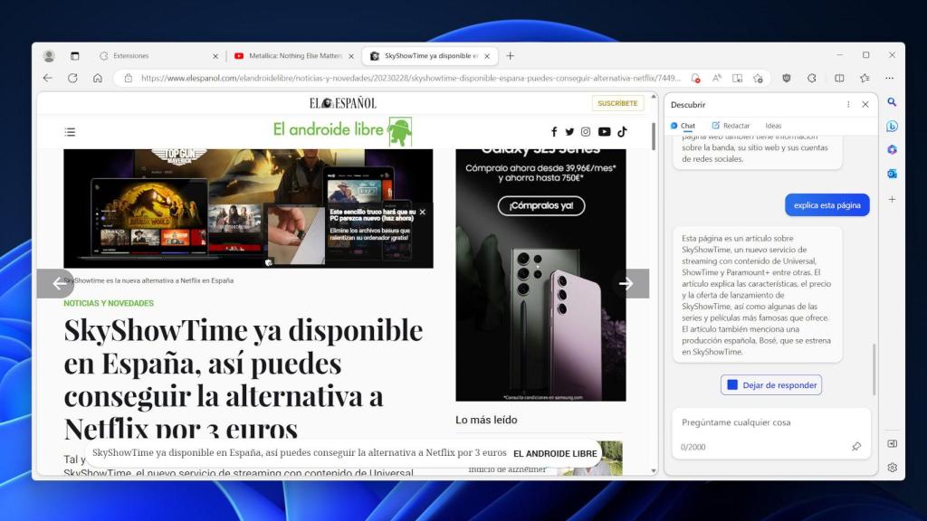 Cómo usar la IA de Bing en cualquier página y hacer que te resuma vídeos y webs