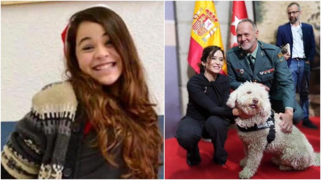 Malén Ortiz (i) cuyo rastro debe encontrar Dylan. A la derecha, el perro, en un acto con Isabel Díaz Ayuso.