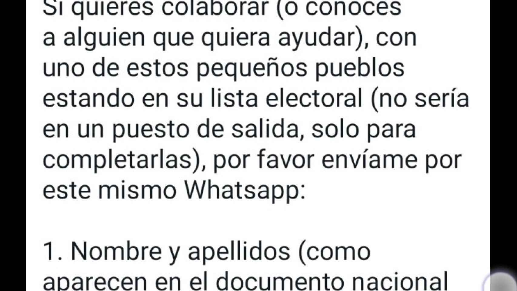 WhatsApp enviado a diversos grupos para intentar sumar integrantes de las listas electorales para las municipales.