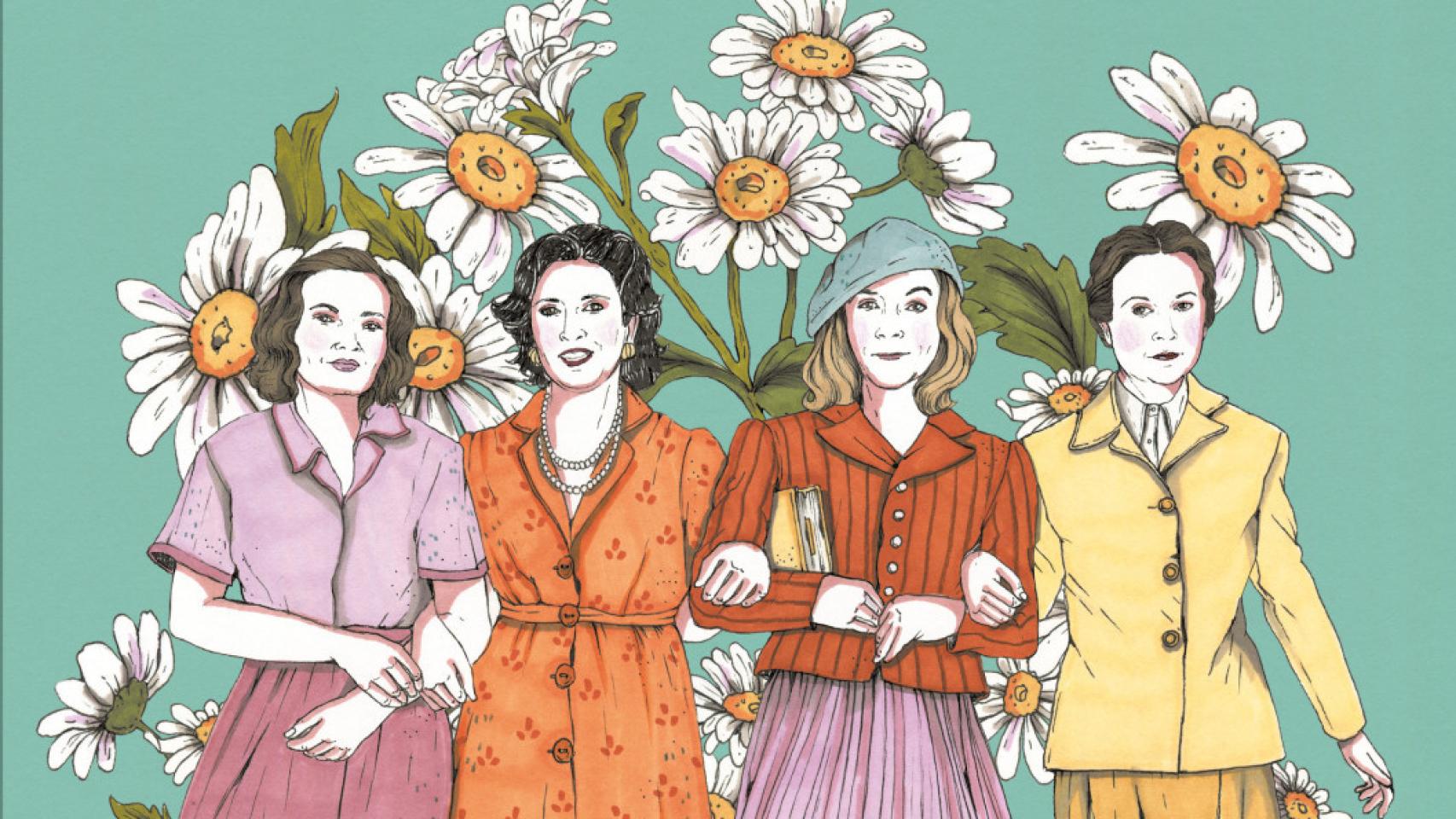 Las escritoras Carmen Laforet, Marisol Dorao, Carmen Martín Gaite y Elena Fortún. Ilustración de Ana Jarén para el libro 'Escritoras' (Lumen), de Carmen G. de la Cueva