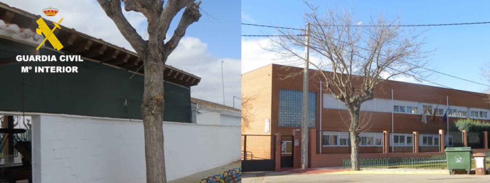 Fotomontaje con los exteriores de la piscina municipal y el colegio de Barrax (Albacete).